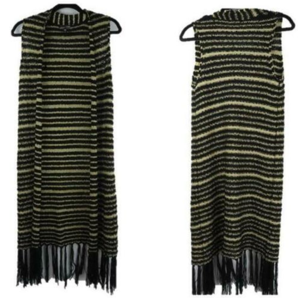 RXB Long Cardigan Black Gold Metallic Striped Sleeveless Sweater Size Small S